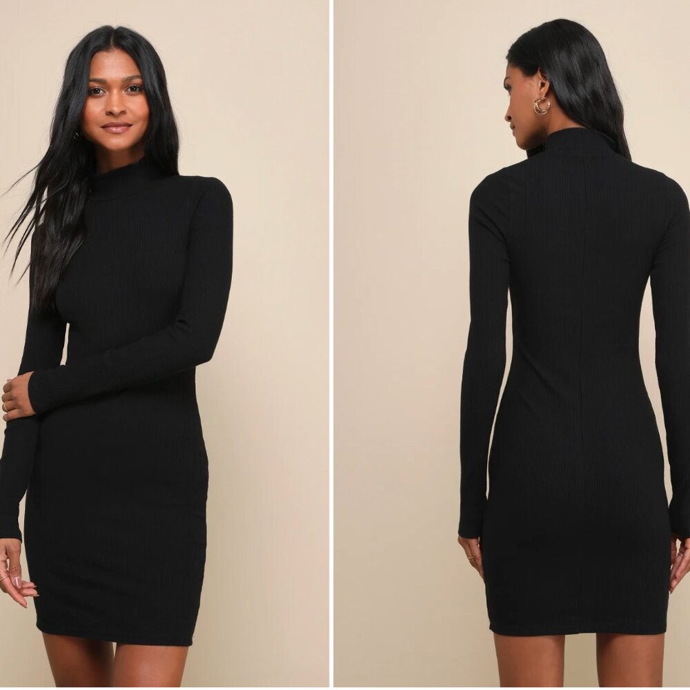 Dashing Black Ribbed Mock Neck Long Sleeve Bodycon Mini Dress